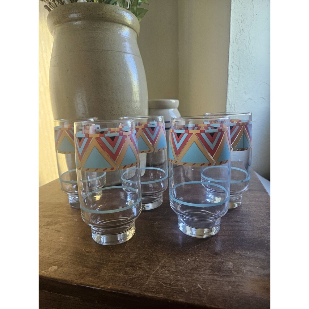 Sango Zuni Glass Tumblers Set Of 5 South Western Vintage 80s